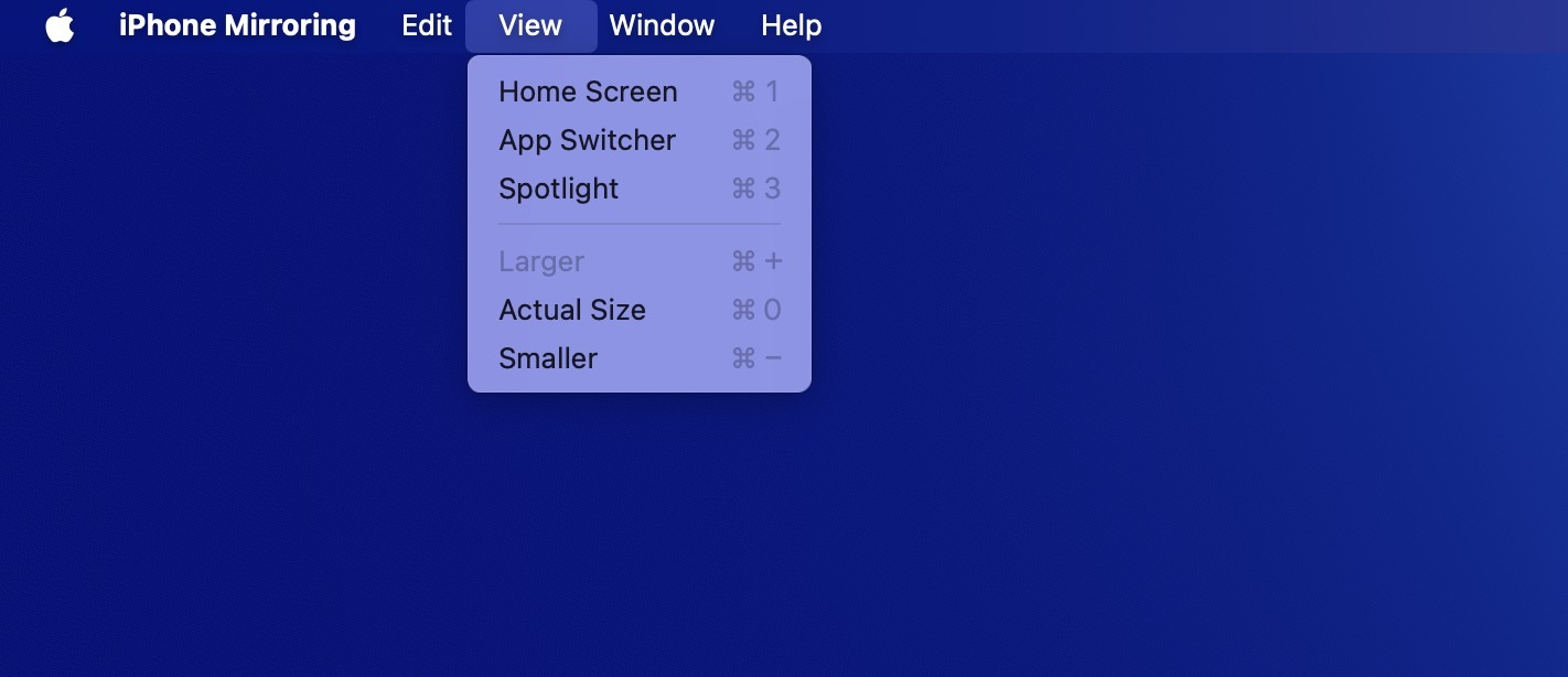 iPhone Mirroring View menu