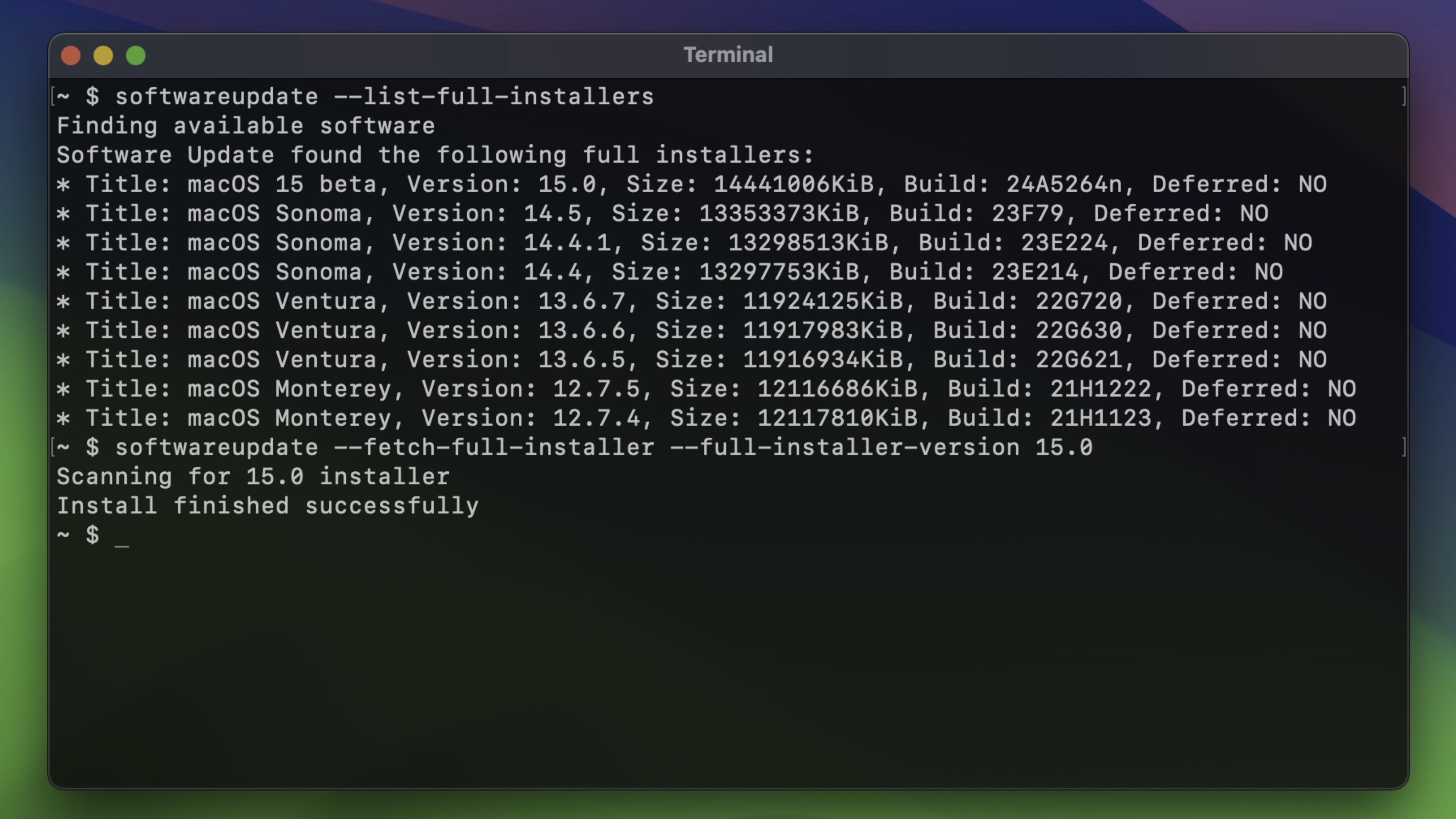 softwareupdate terminal fetch full installer macOS Sequoia