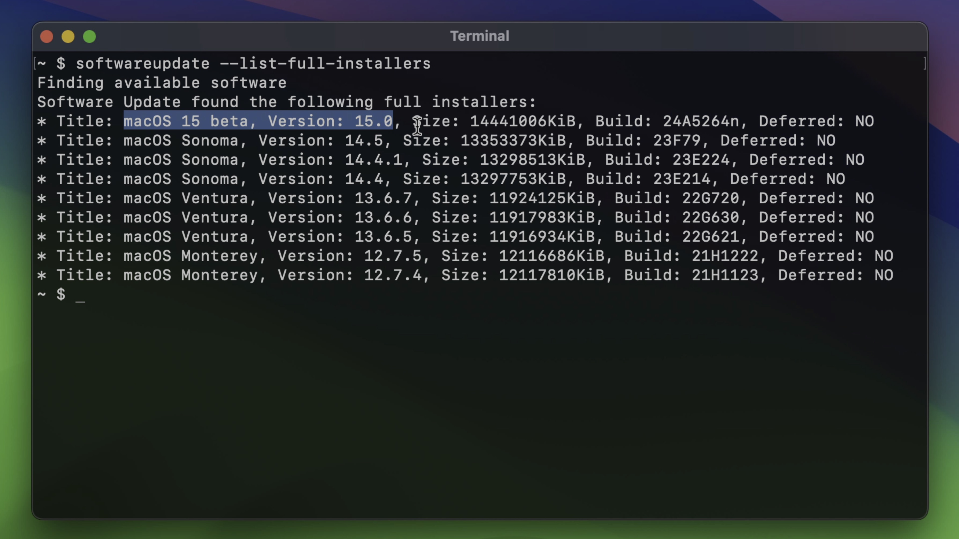 softwareupdate terminal list full installers macOS Sequoia