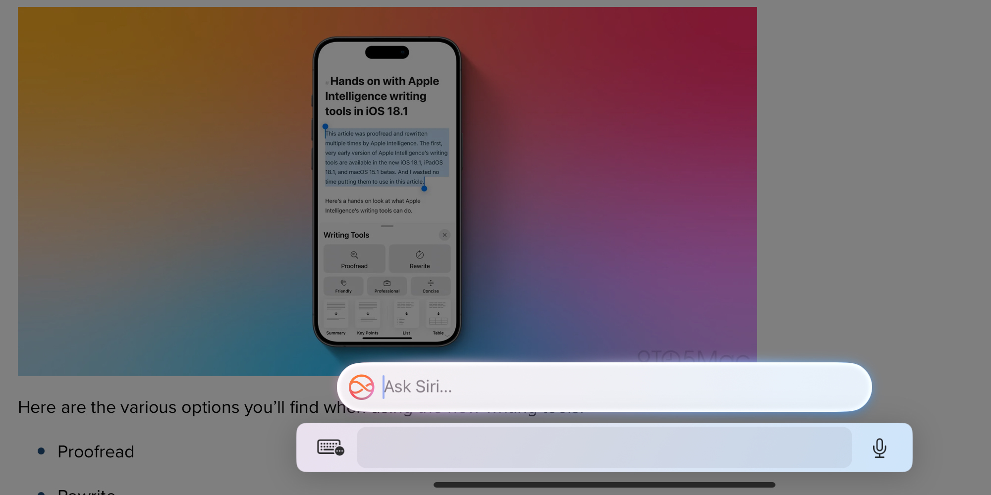 Typing a Siri request in iPadOS 18.1