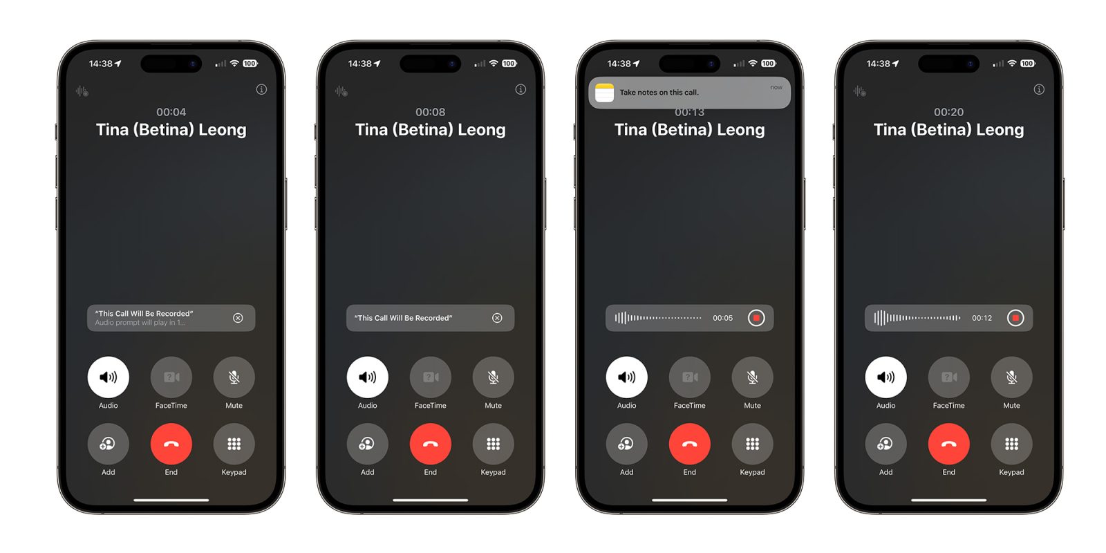Apple Intelligence call transcription and summary | In-call UI shown
