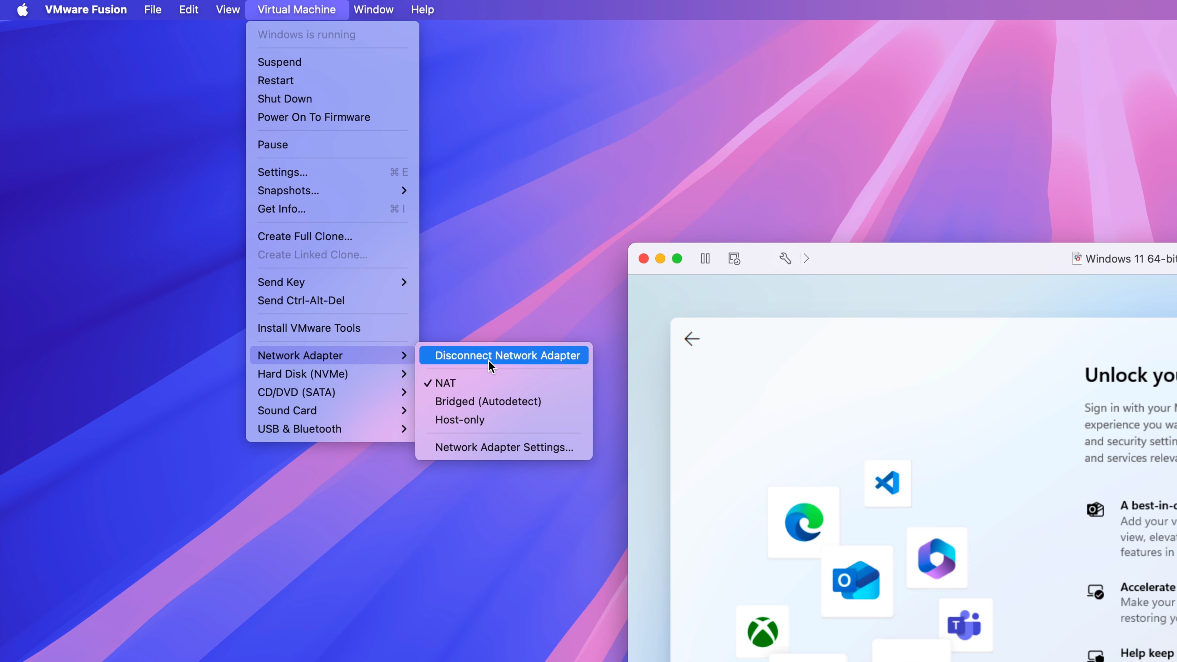 Windows 11 on Mac with VMware Fusion Pro free - Disable Network Adapter