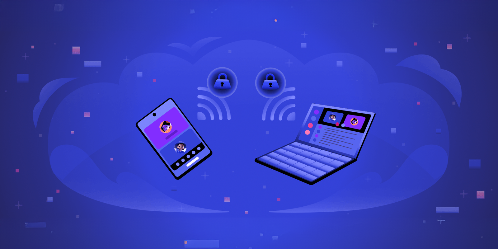 Discord end-to-end encryption | Promo graphic showing phone and laptop with padlock symbols