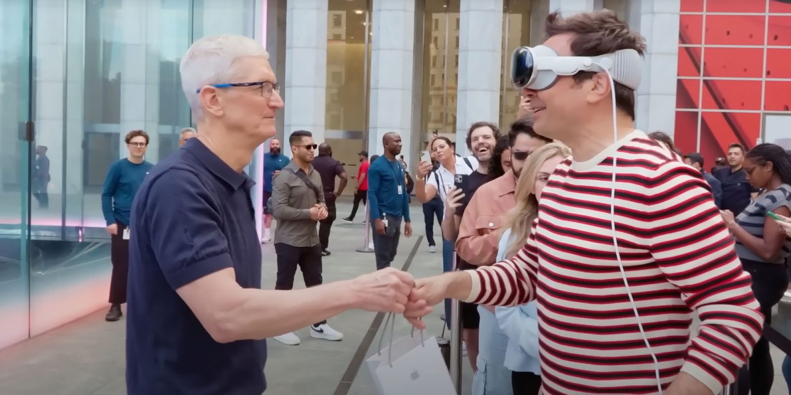 Jimmy Fallon and Tim Cook at the Fifth Avenue store, Fallon wearing Vision Pro