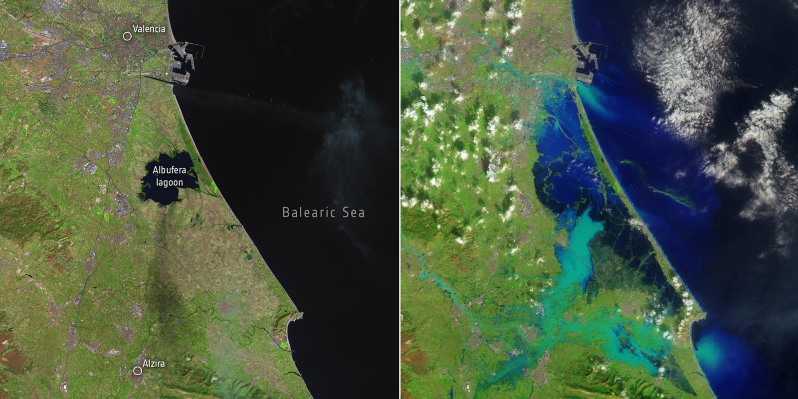 Flash floods in Valencia, Spain | Before and after satellite imagery from ESA