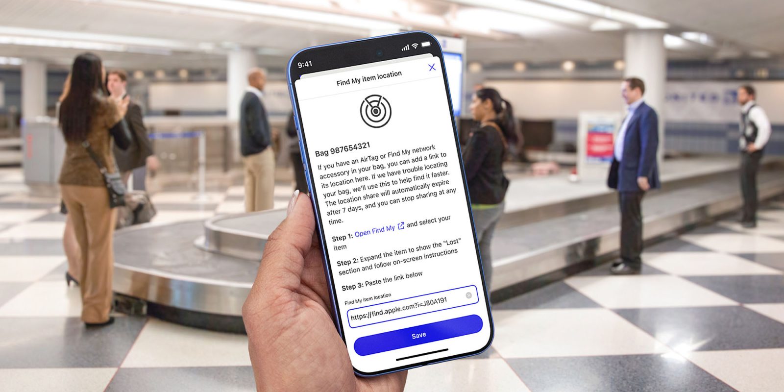 United Airlines integrating Apple's Share Item Location into its mobile app | App in use in a baggage hall