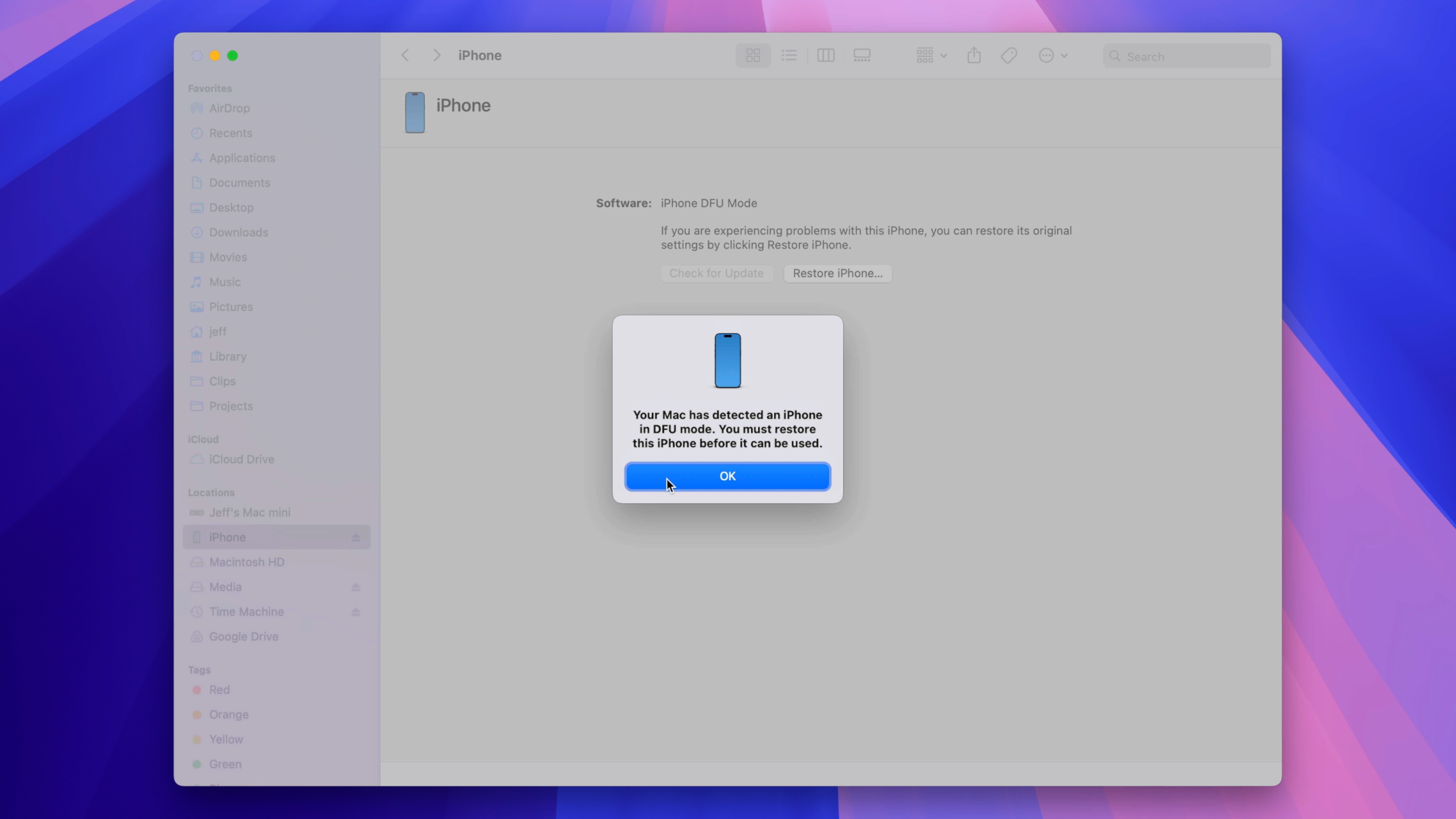 macOS Finder DFU Mode detected