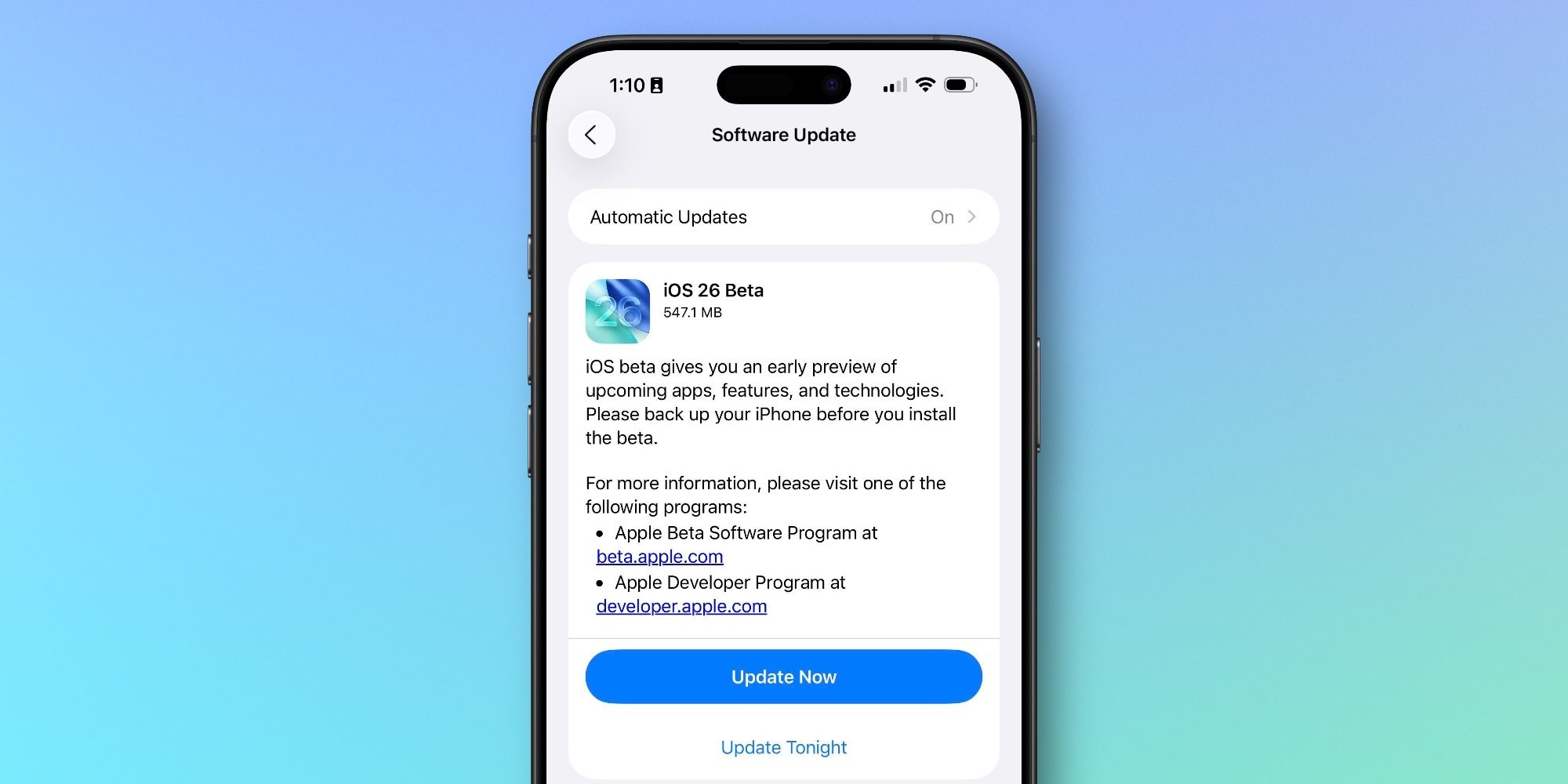 iOS 26 beta 1 mise à jour