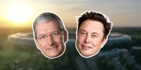 Apple asks judge to dismiss absurd AI claim by Elon Musk | Cutouts of Tim Cook and Elon Musk against an Apple Park background