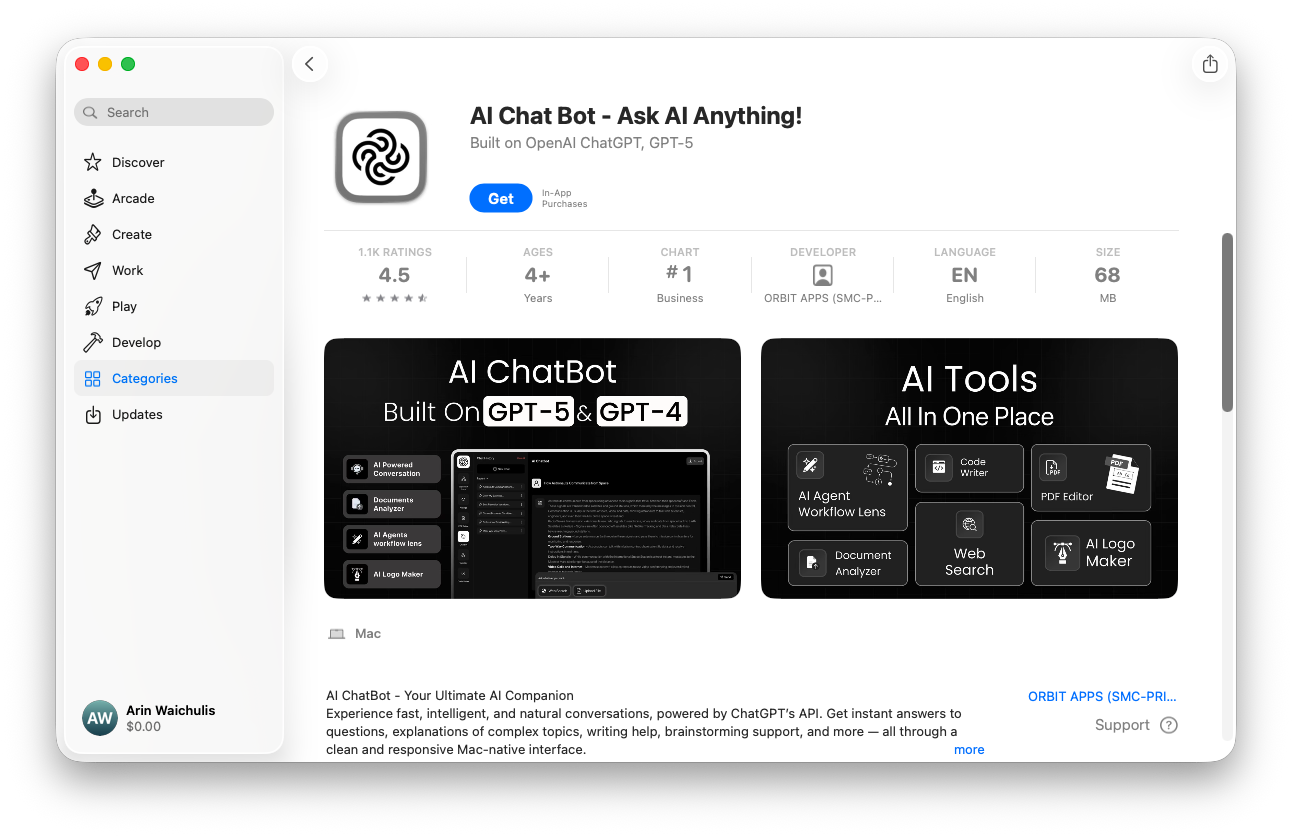 Sketchy GPT clone on the U.S. Mac App Store