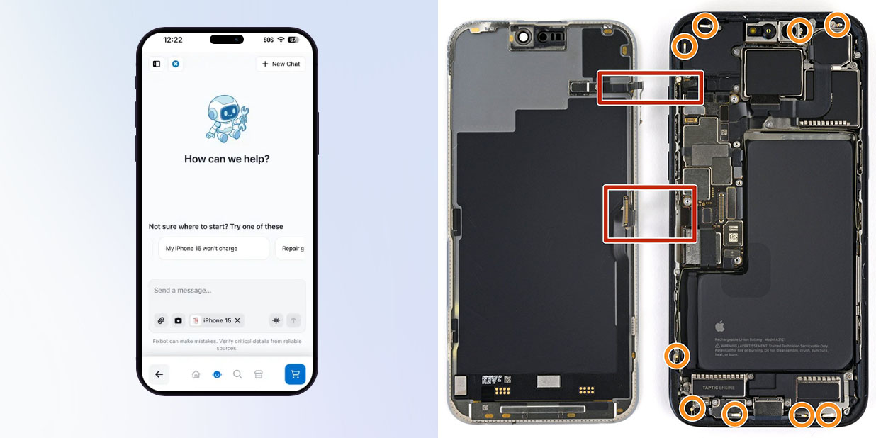iFixit launches FixBot AI repair helper, with free and paid versions | App seen on an iPhone along with an instructional photo of the iPhone 15