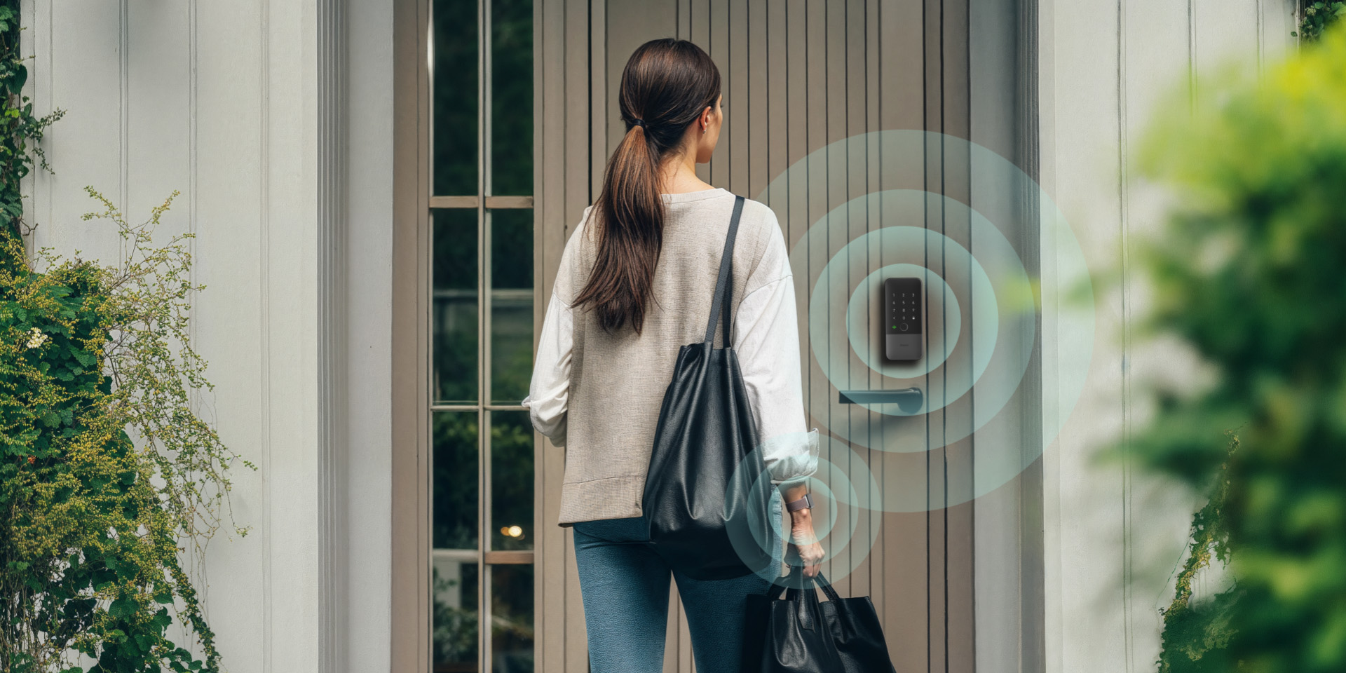 Aqara Smart Lock U400 launches with Apple Wallet support for fully automatic unlocking | Image shows the lock detecting an Apple Watch as a woman approaches her home