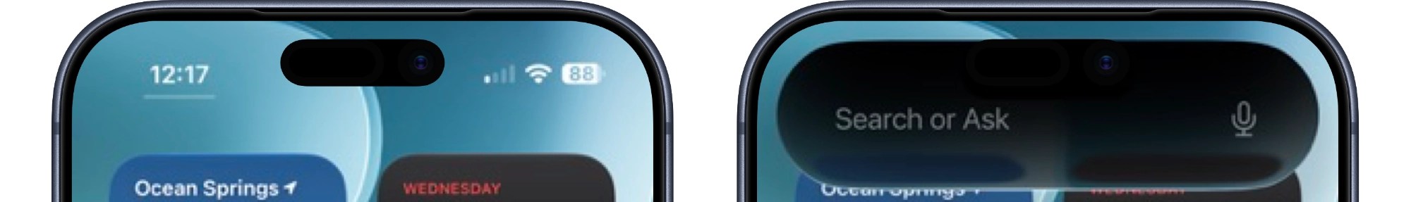 iPhoneの左上から通知センター、上端中央からSiri AIのSearch or Askを開いた比較
