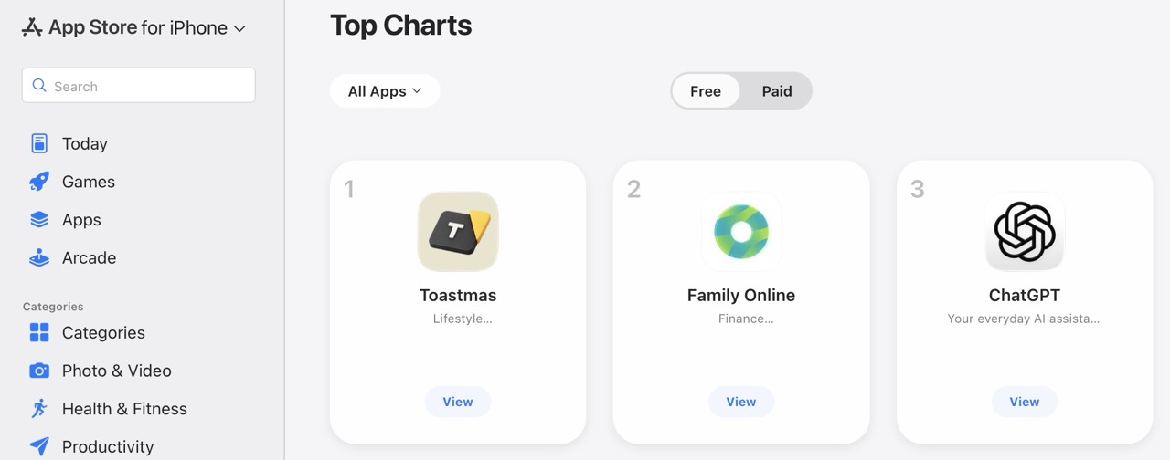 Screenshot of Toastmas app on the App Store charts