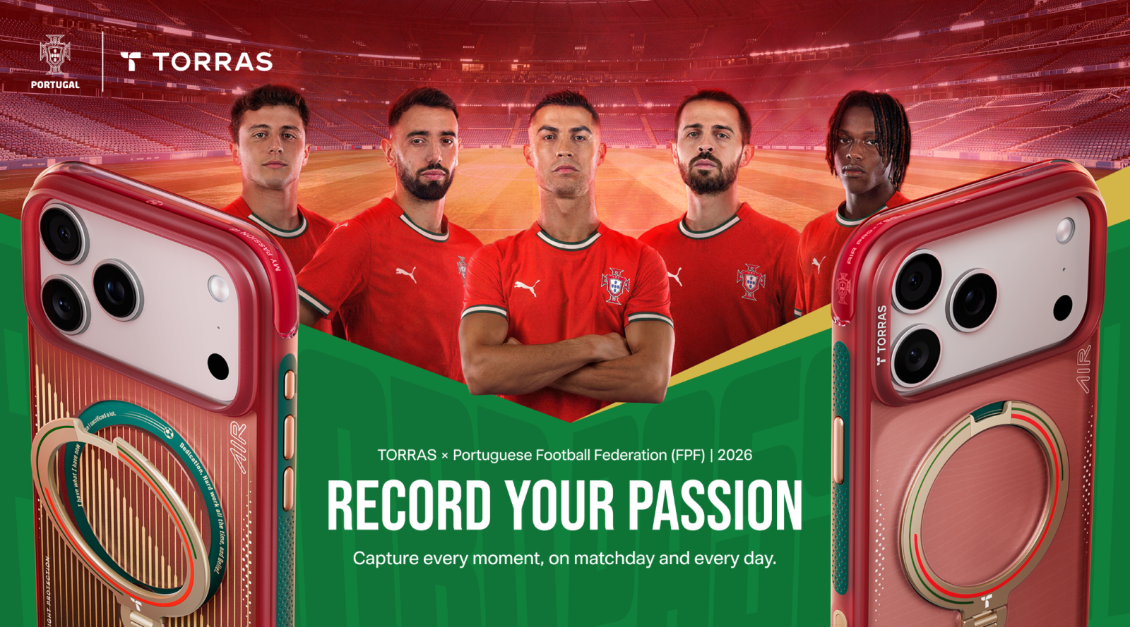TORRAS World Cup-themed photo with four Portuguese players next to images of iPhones in TORRAS cases