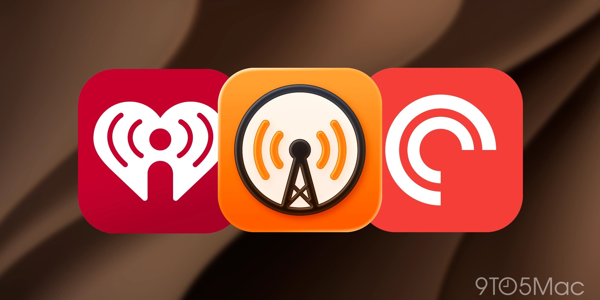 iHeartRadio, Overcast, and Pocket Casts CarPlay podcast app icons