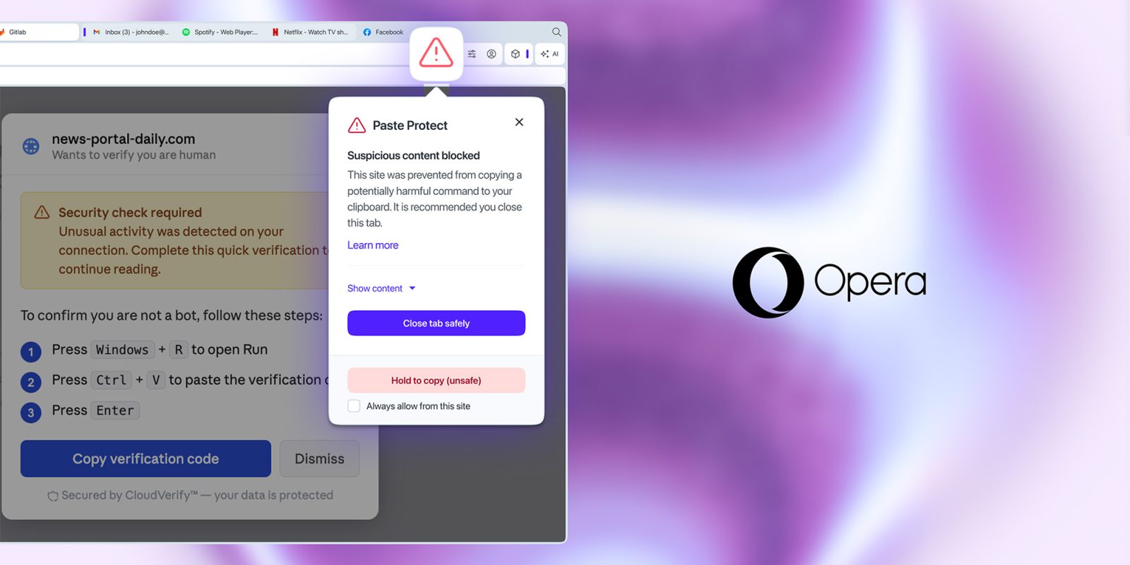Opera’s new Paste Protect feature blocks suspicious commands copied from websites