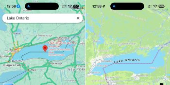 Apple Maps still shows Lake Ontario as Google Maps changes name | Graphic shows screen grabs of the two maps side by side