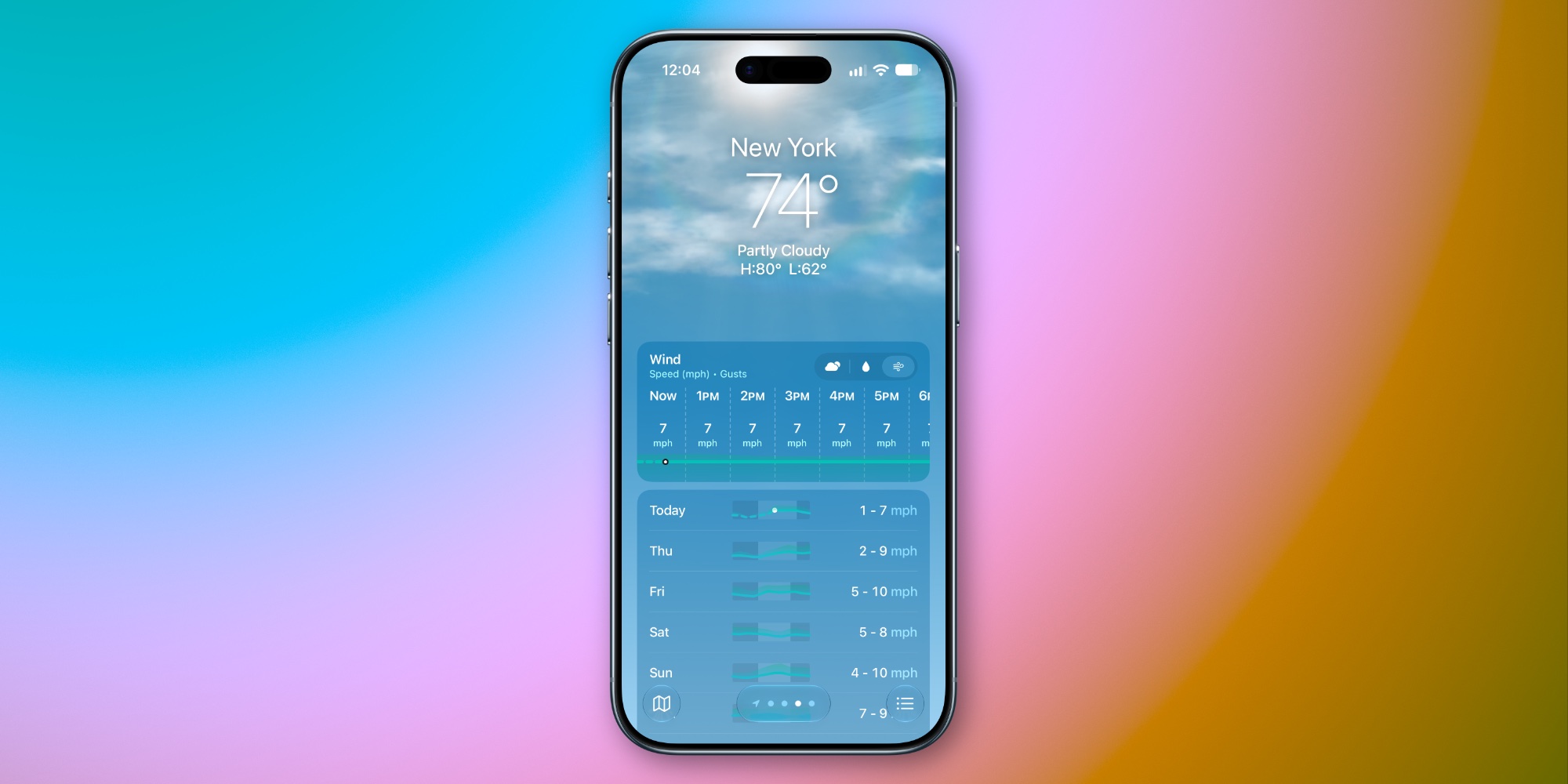 9to5Macが掲載したiOS 27の天気アプリ。風の予報を表示した英語画面